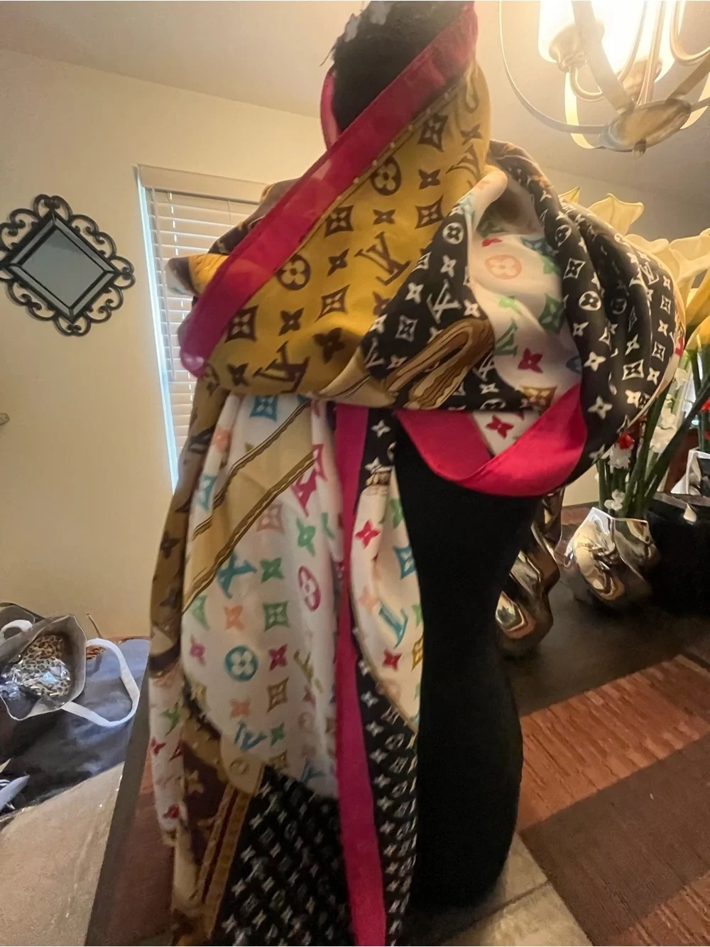 Luxury Monogram Pattern Oversized Scarf - Multicolor with Fuchsia Trim 100% Silk